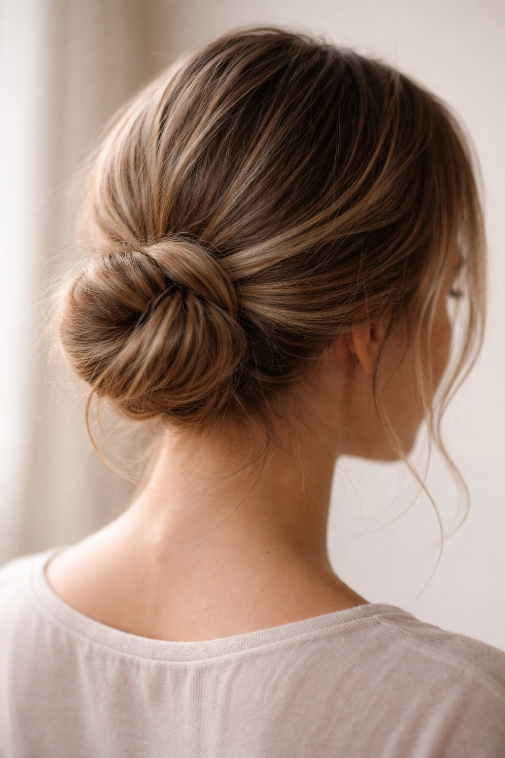 Close-up of a classic low bun with textured volume at the nape