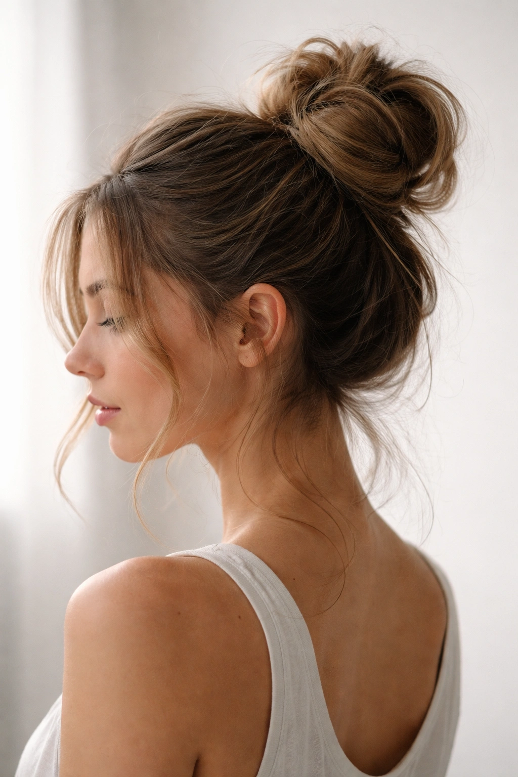 Close-up of a classic messy bun with loose strands and textured hair.