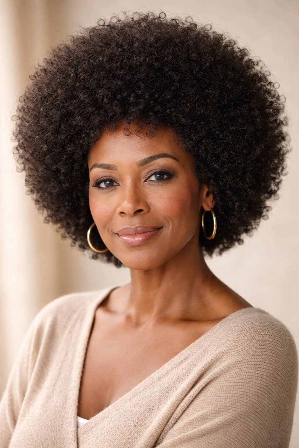 Close-up portrait of a mature woman with a full natural afro in soft lighting
