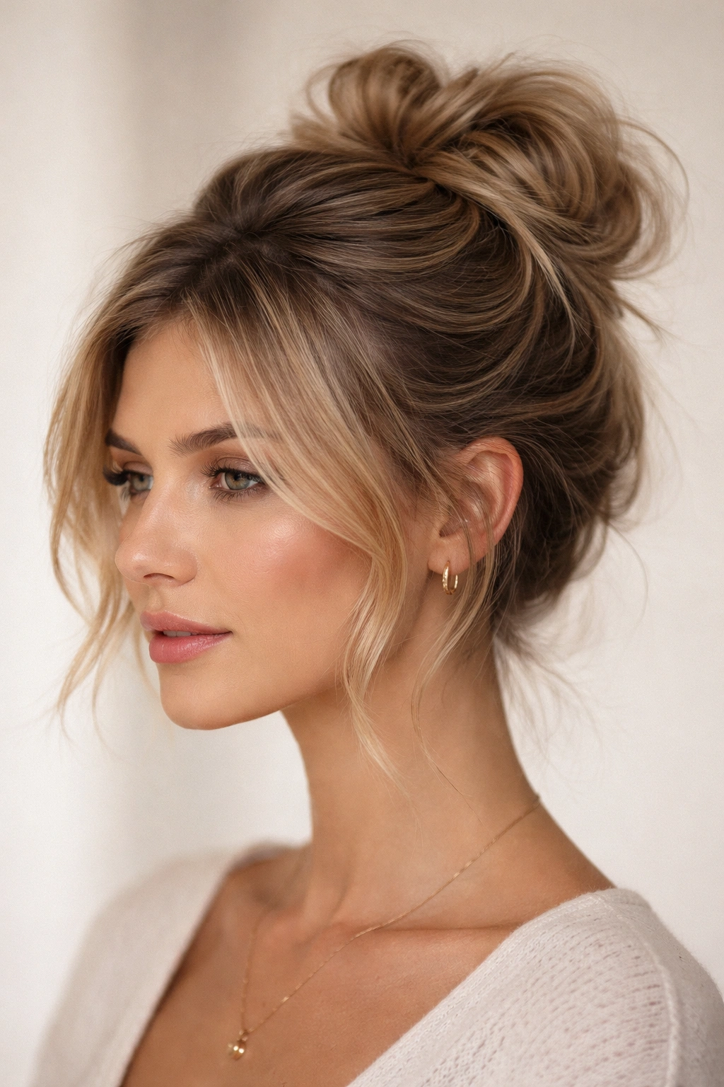 Close-up of Classic Tousled Messy Bun on short hair with face-framing wisps