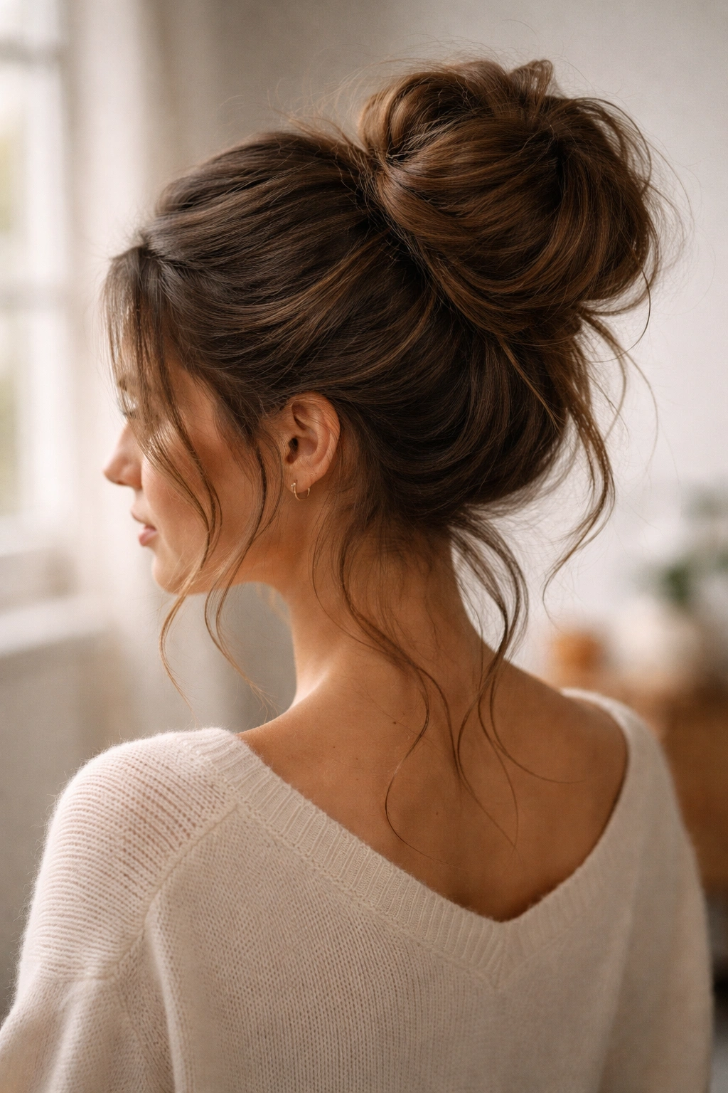 Close-up of a thick hair classic tousled bun with loose strands under soft studio light