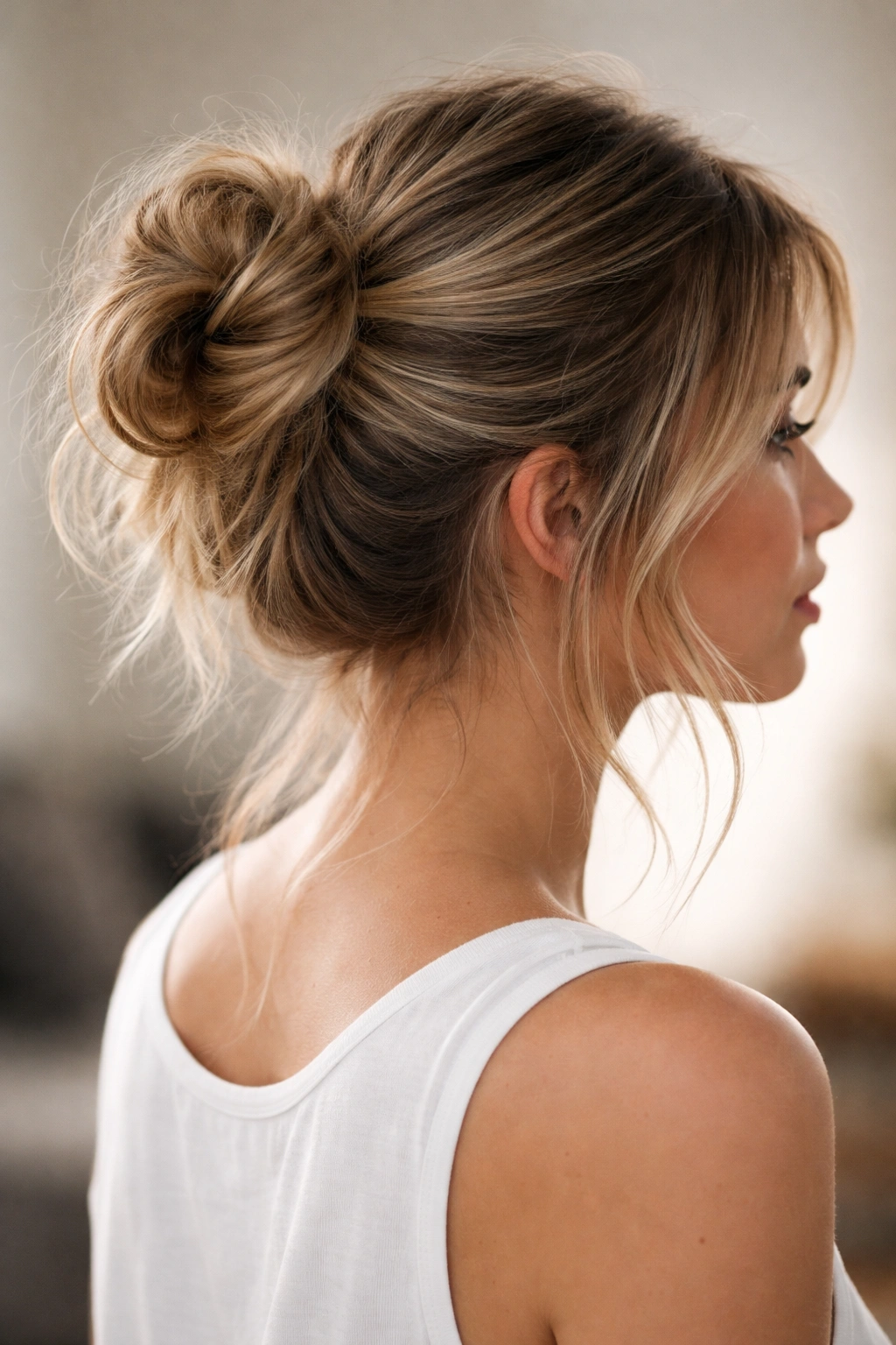 High undone messy bun on shoulder-length hair with wispy face-framing pieces