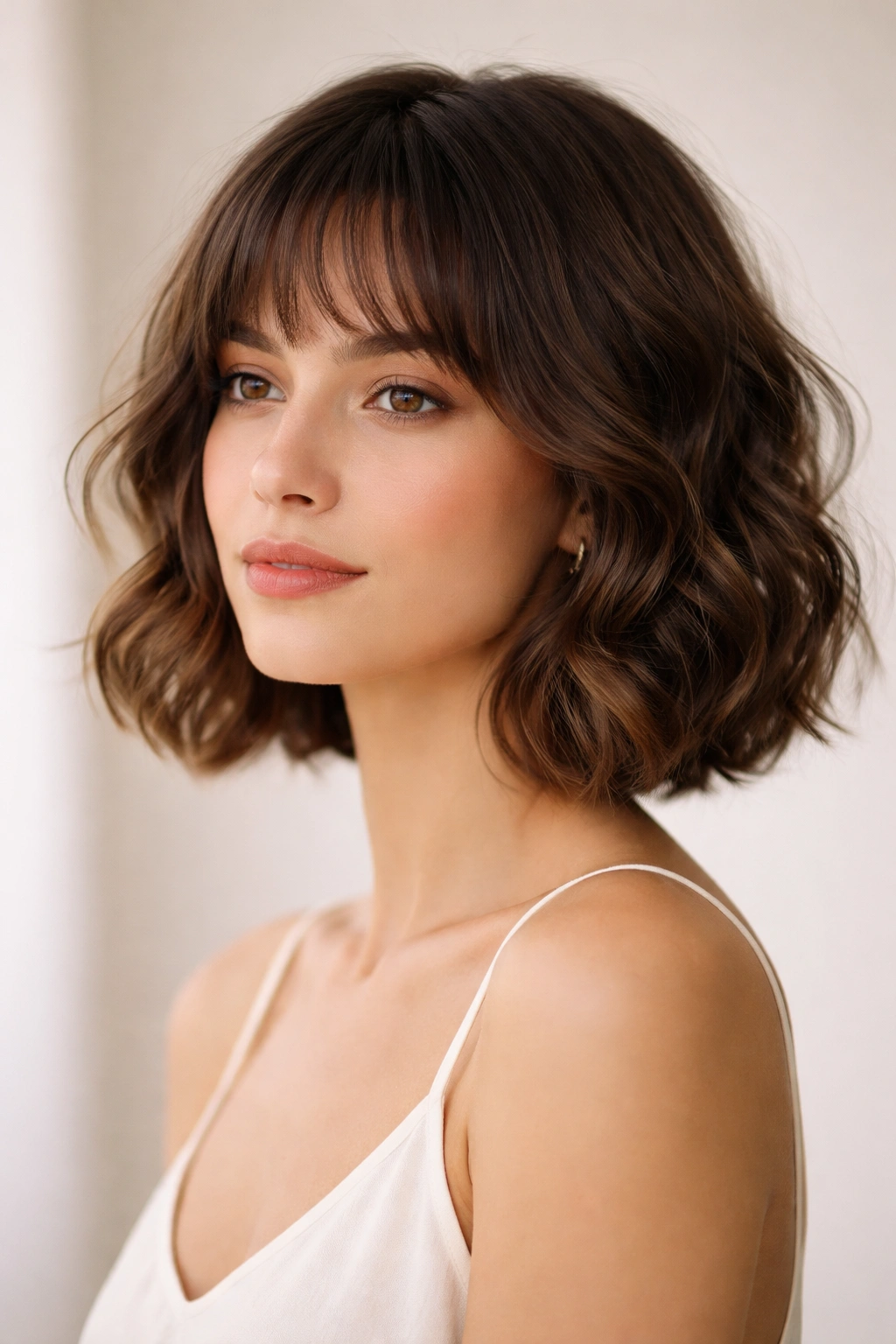 Close-up of classic wavy French bob with subtle texture just below the chin.