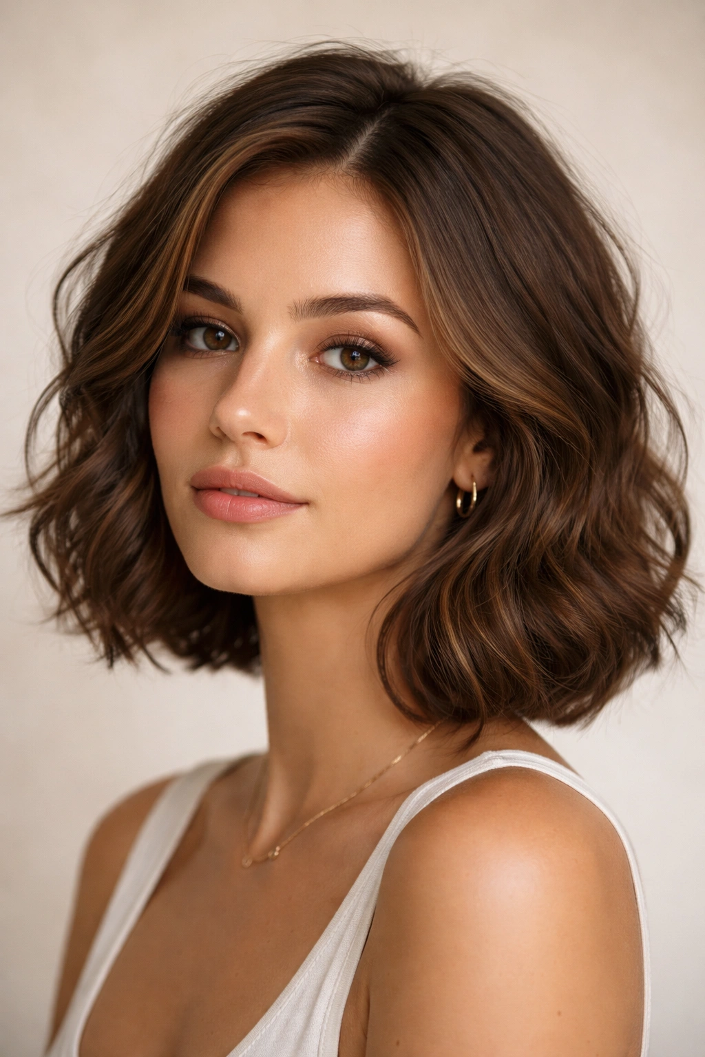 Classic Wavy Italian Bob hairstyle with shoulder-grazing waves and crown lift.