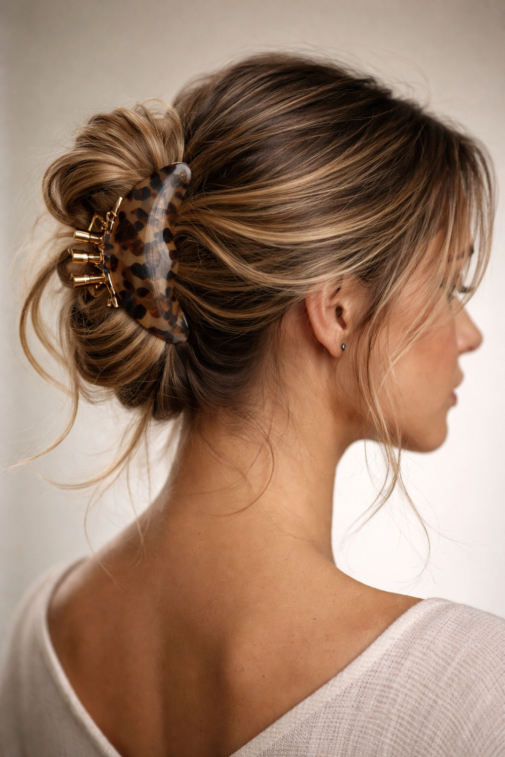 Close-up of a claw clip twisted bun with textured hair
