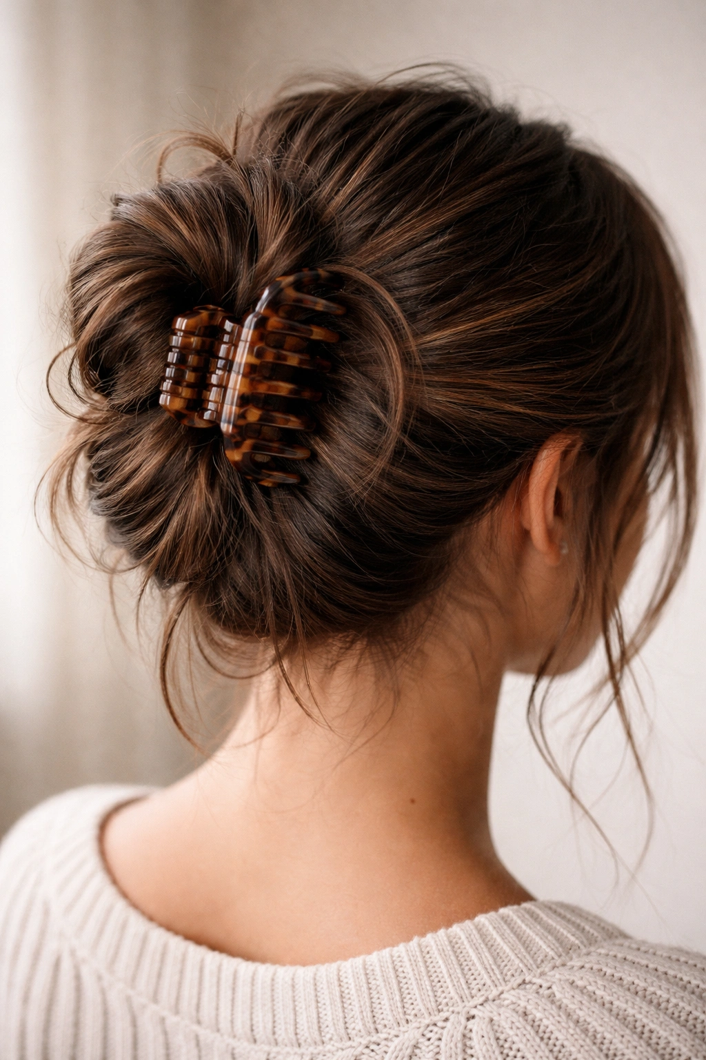 Close-up of a thick hair bun secured by a large claw clip with strong grip