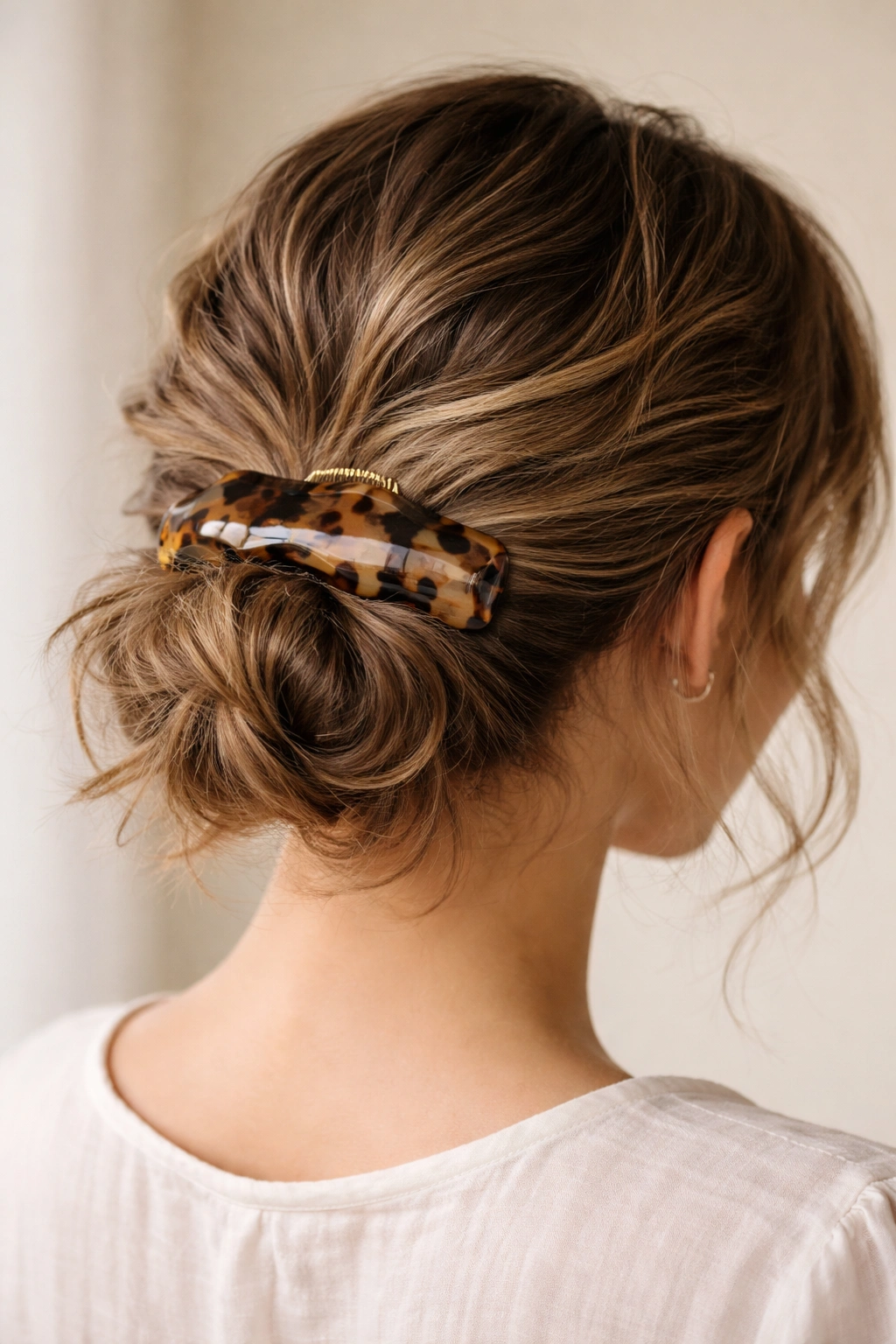 Low bun secured with a claw clip at the base of the head