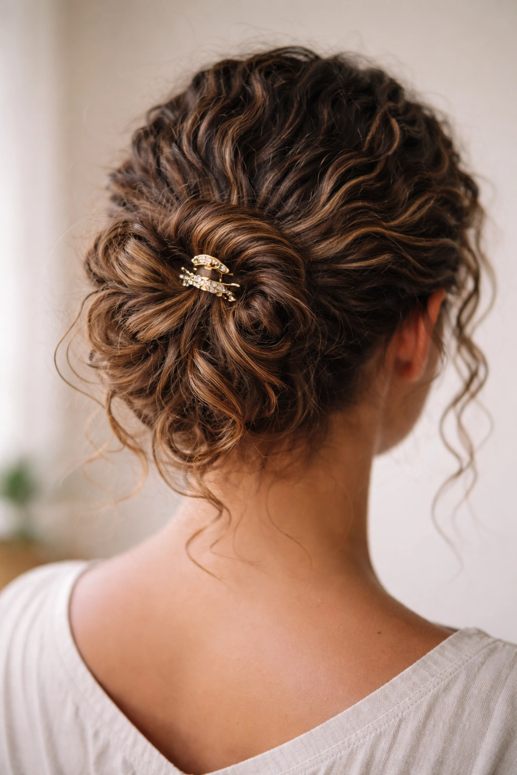 Back view close-up of a curly hair knot secured with a claw clip