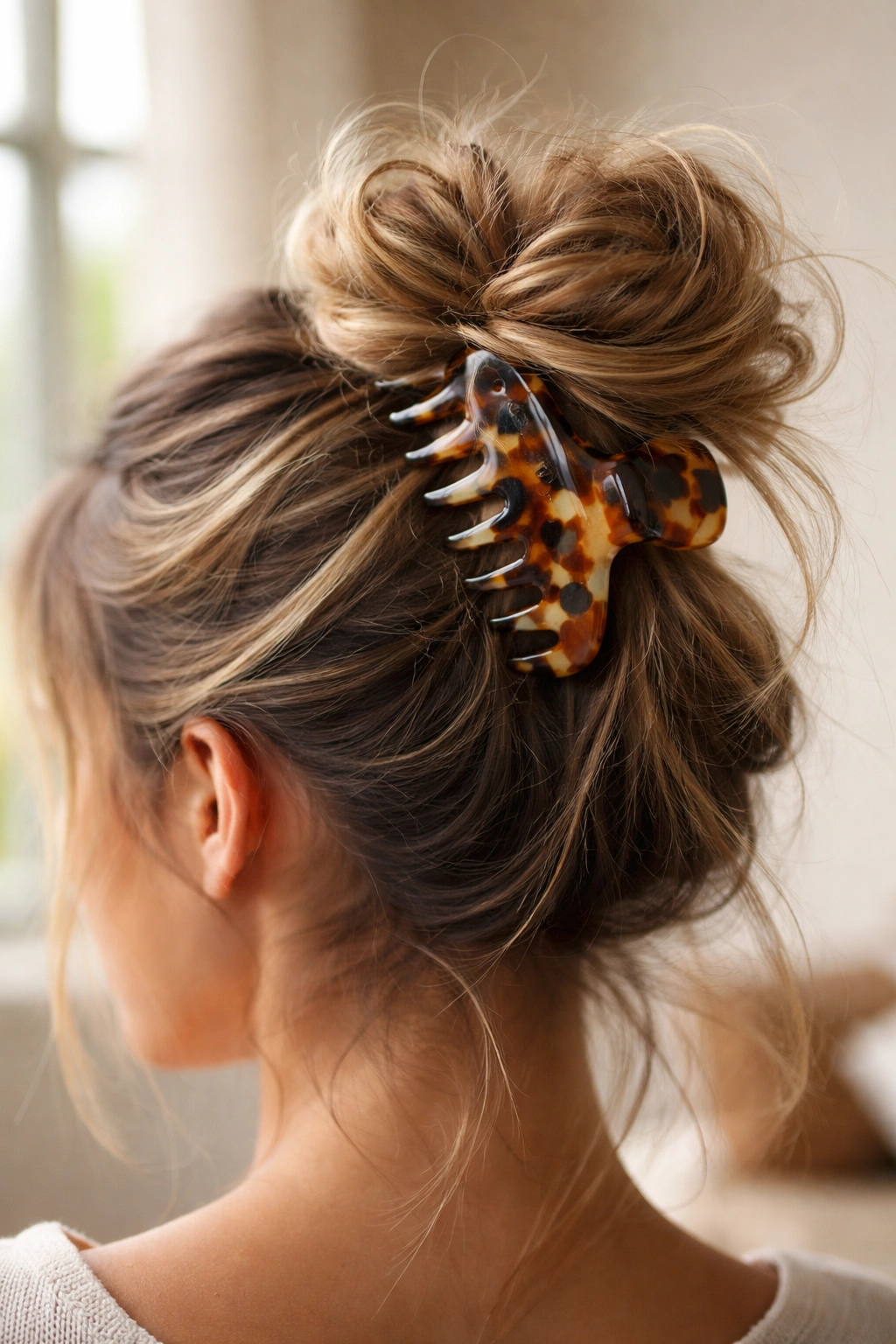 Close-up of a large claw clip securing a voluminous, textured messy bun
