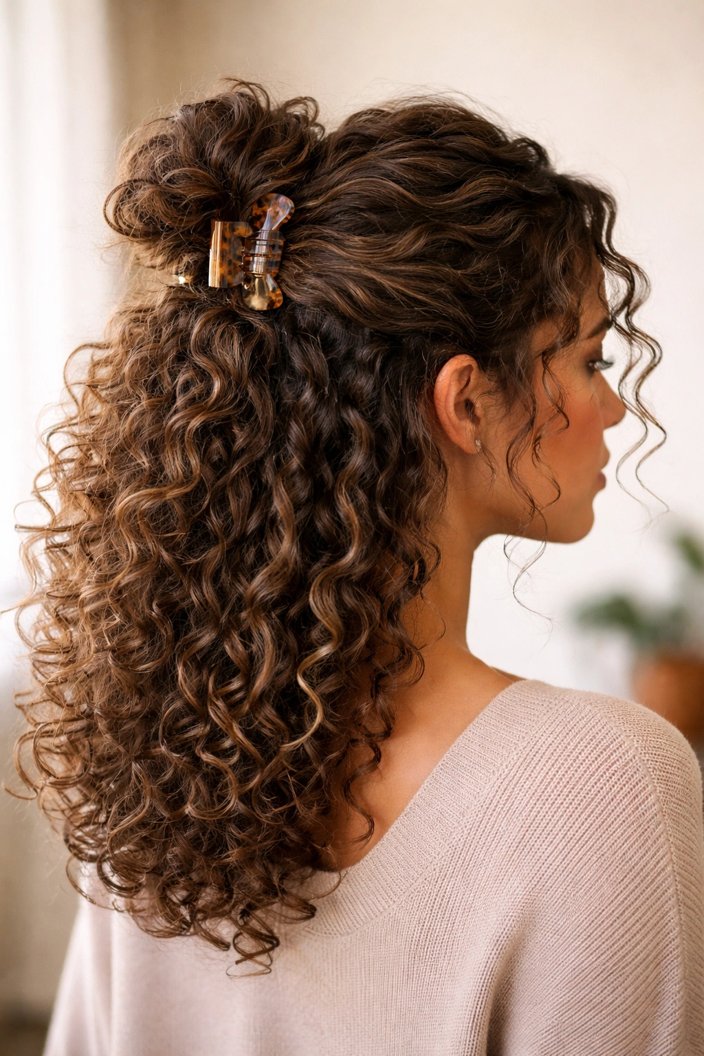 Half-bun with claw clip on textured crown of curly hair