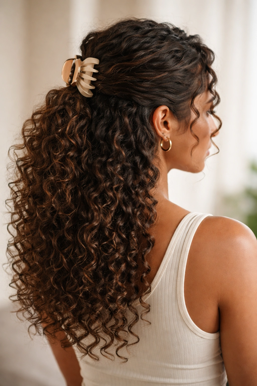 Half-up hairstyle secured with a large claw clip, curls visible below