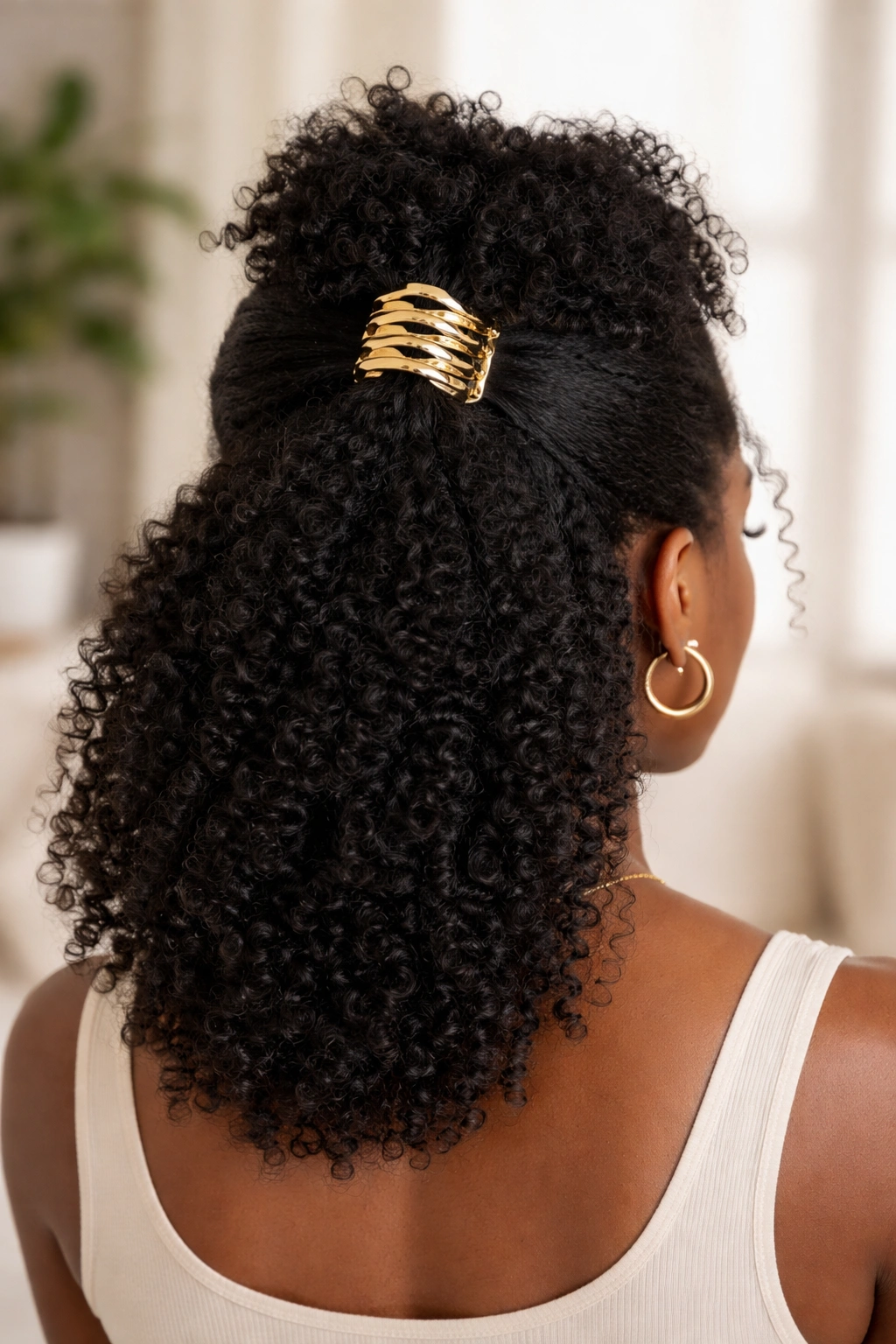Half-up hairstyle secured with a claw clip featuring stacked rings