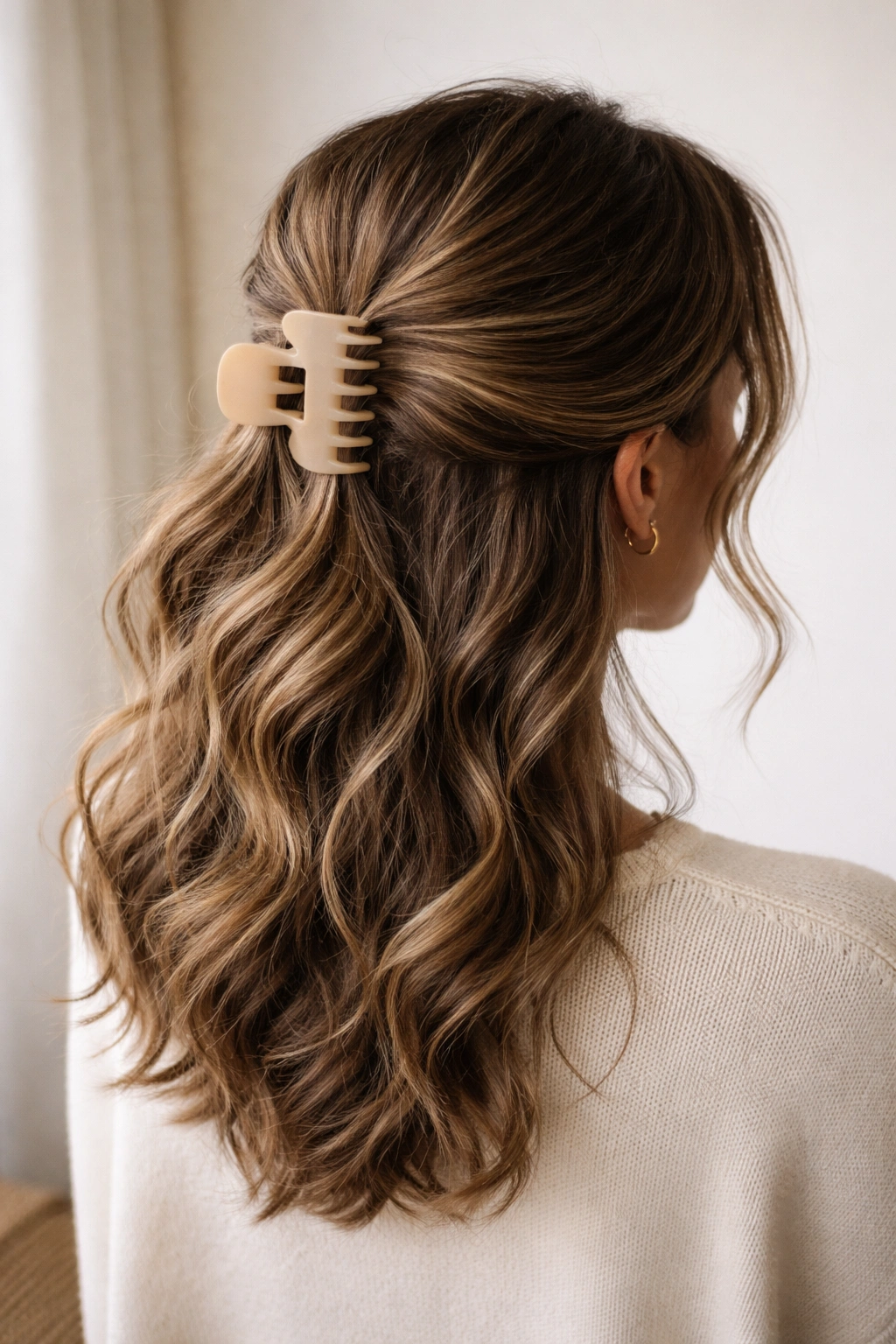 Back view of wavy hair secured with a large claw clip