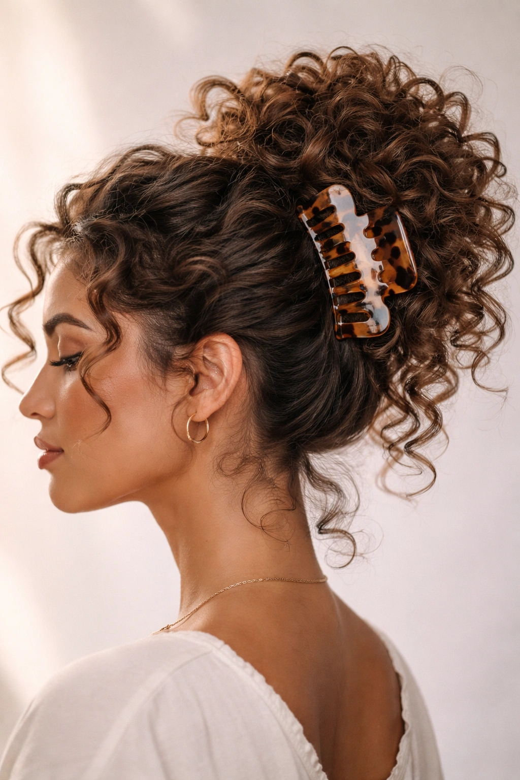 Curly updo secured with a jumbo claw clip, showcasing volume.