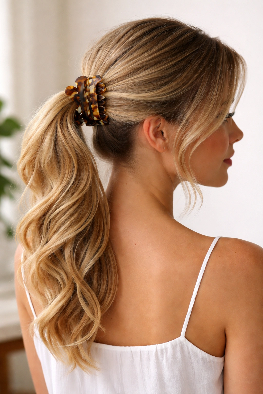 Side ponytail held with a claw clip, visible decorative clip on the side of the head.