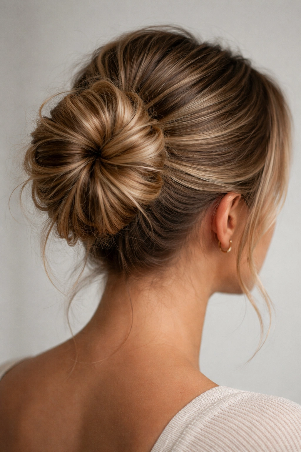 Close-up of a defined clean messy bun with visible sections and texture