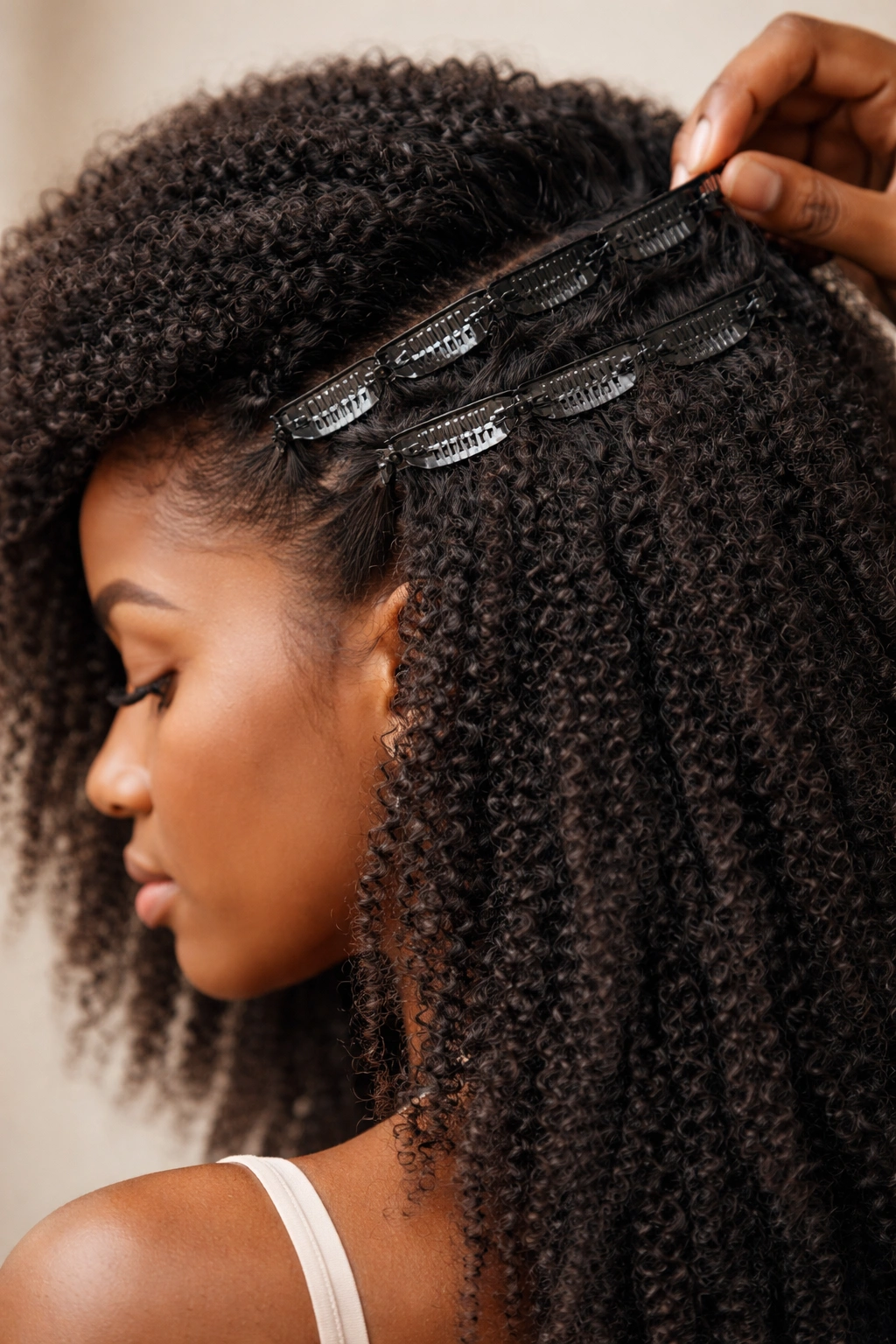 Close-up of clip-in extensions attached to natural hair