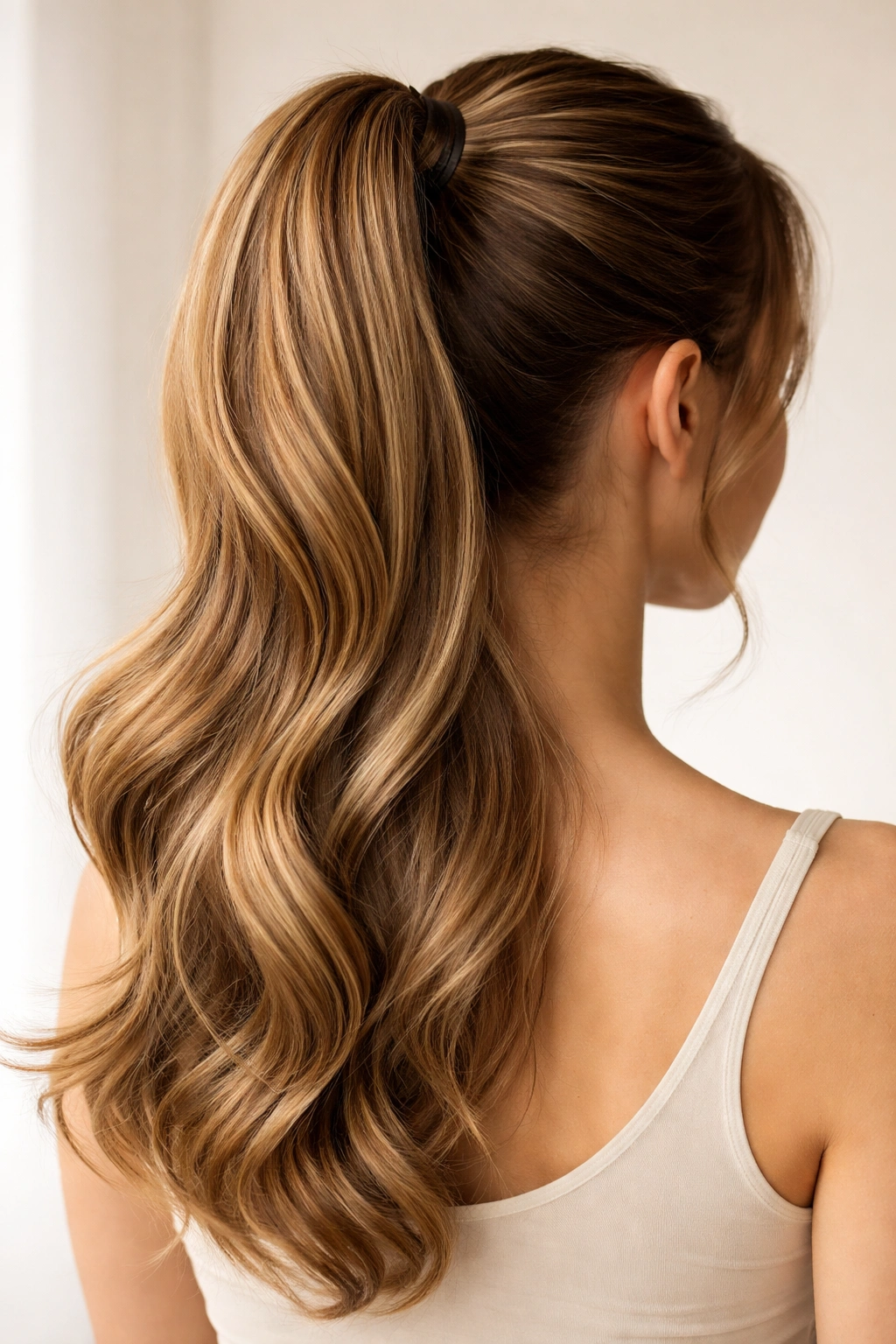 Close-up of clip-in ponytail extension blended at crown with hidden clips