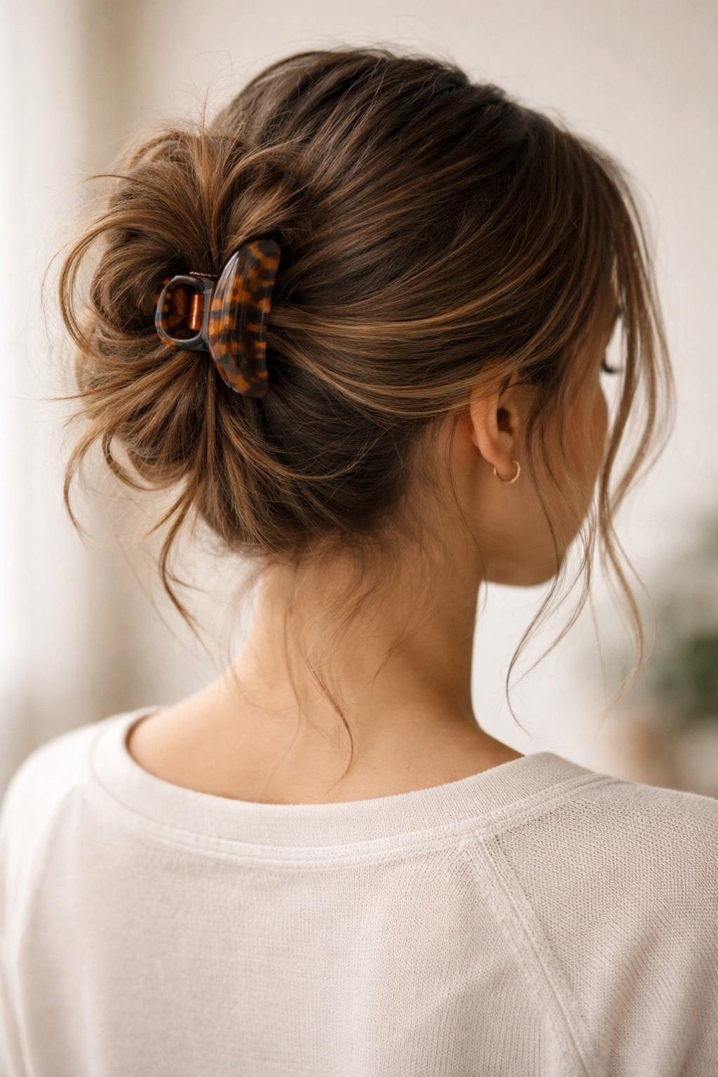 Messy bun secured with a large hair clip