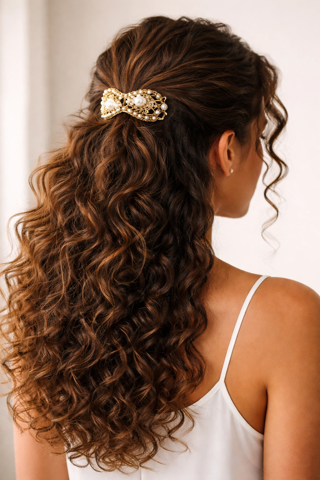 Curly hairstyle with a decorative clip securing the top half