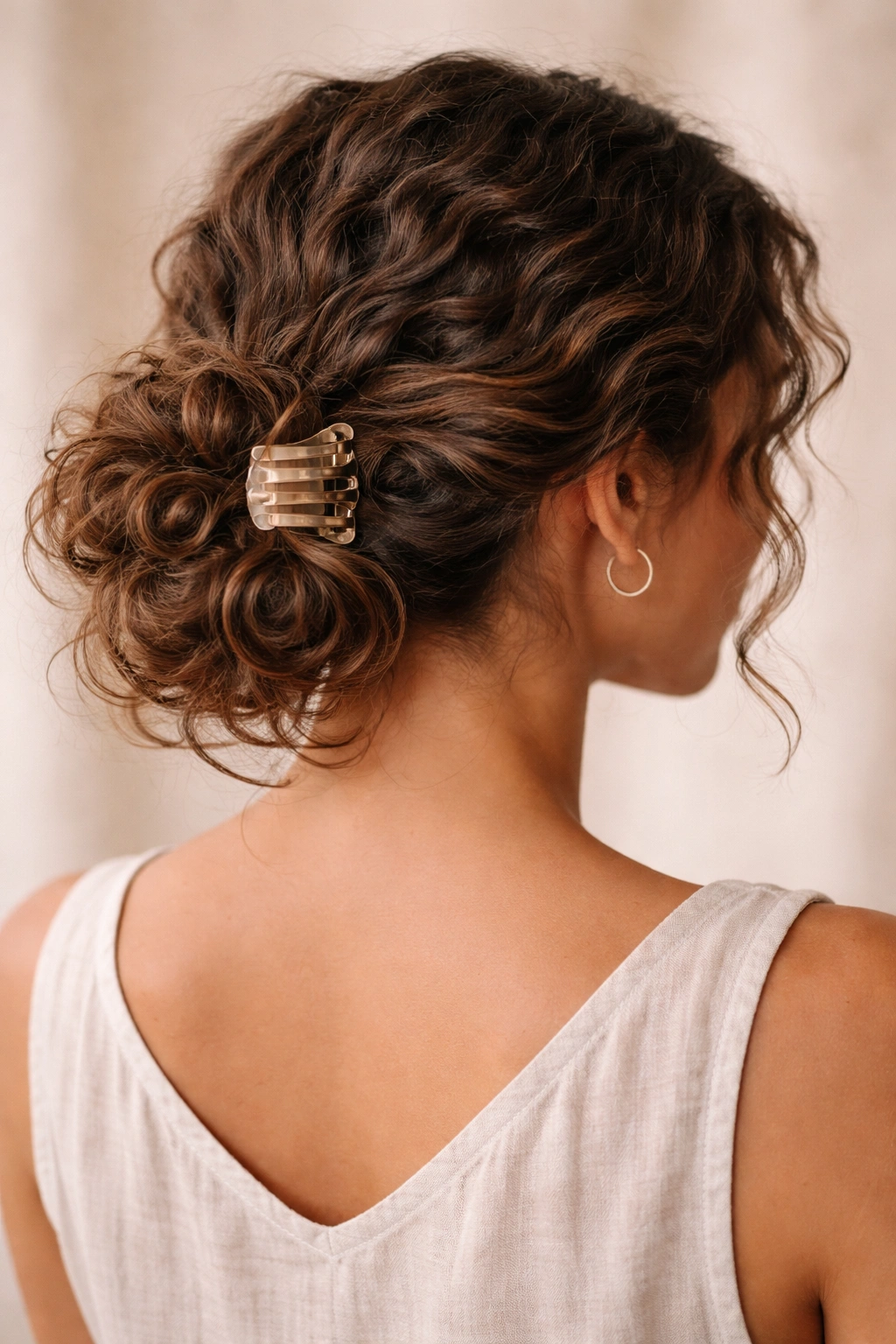 Side-back view of a low ponytail clipped underneath forming a sculptural bun with curls