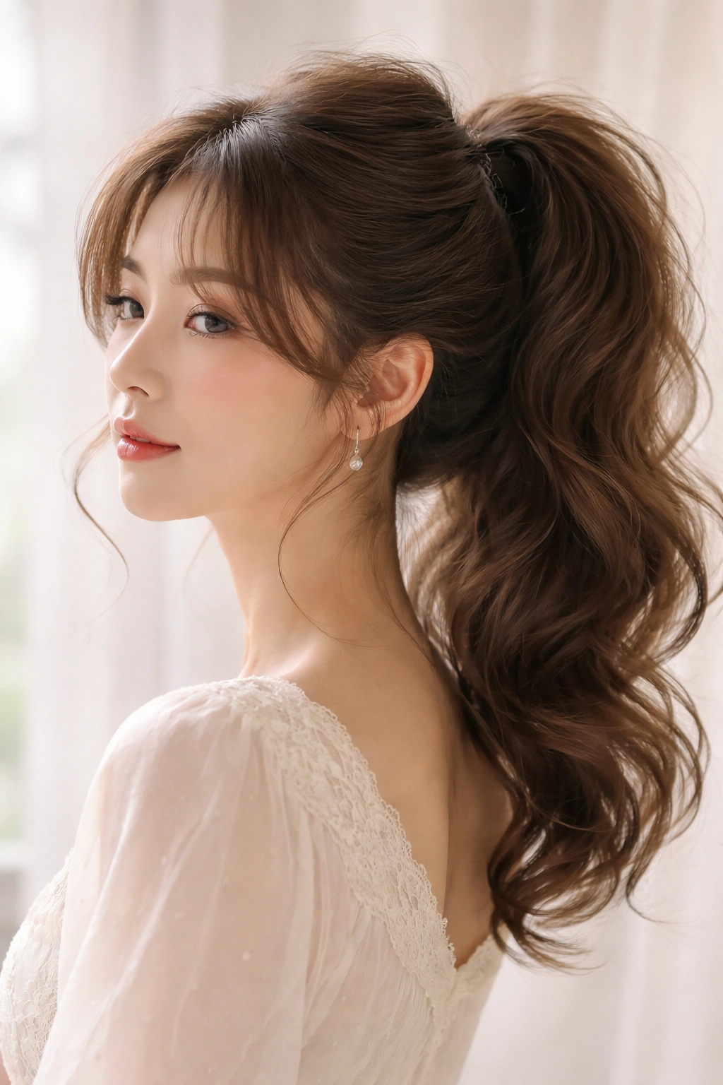 Voluminous cloud-like ponytail with crown-height fullness