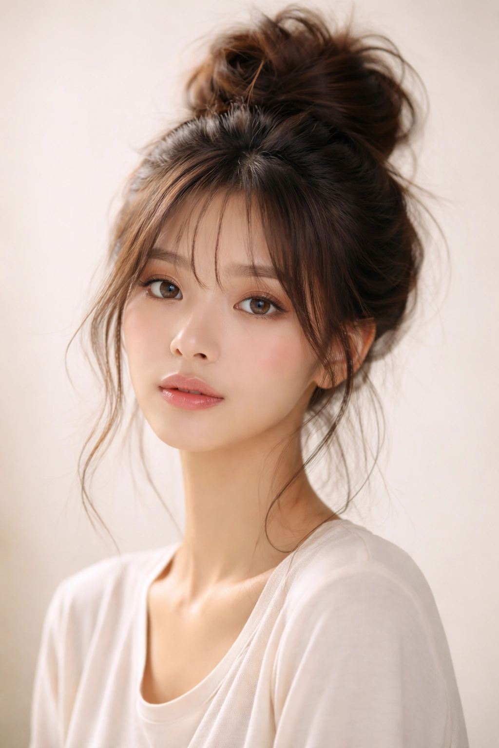 Close-up of a high cloud-like bun with face-framing wisps on soft hair