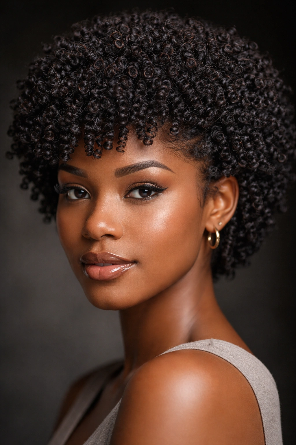 Close-up of dense, compact coil curls with deep texture and shadows.