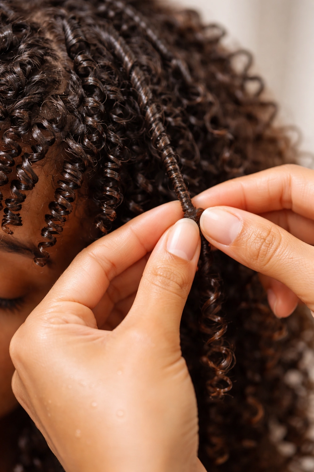 Finger-coiled hair forming tight defined curls in close-up.