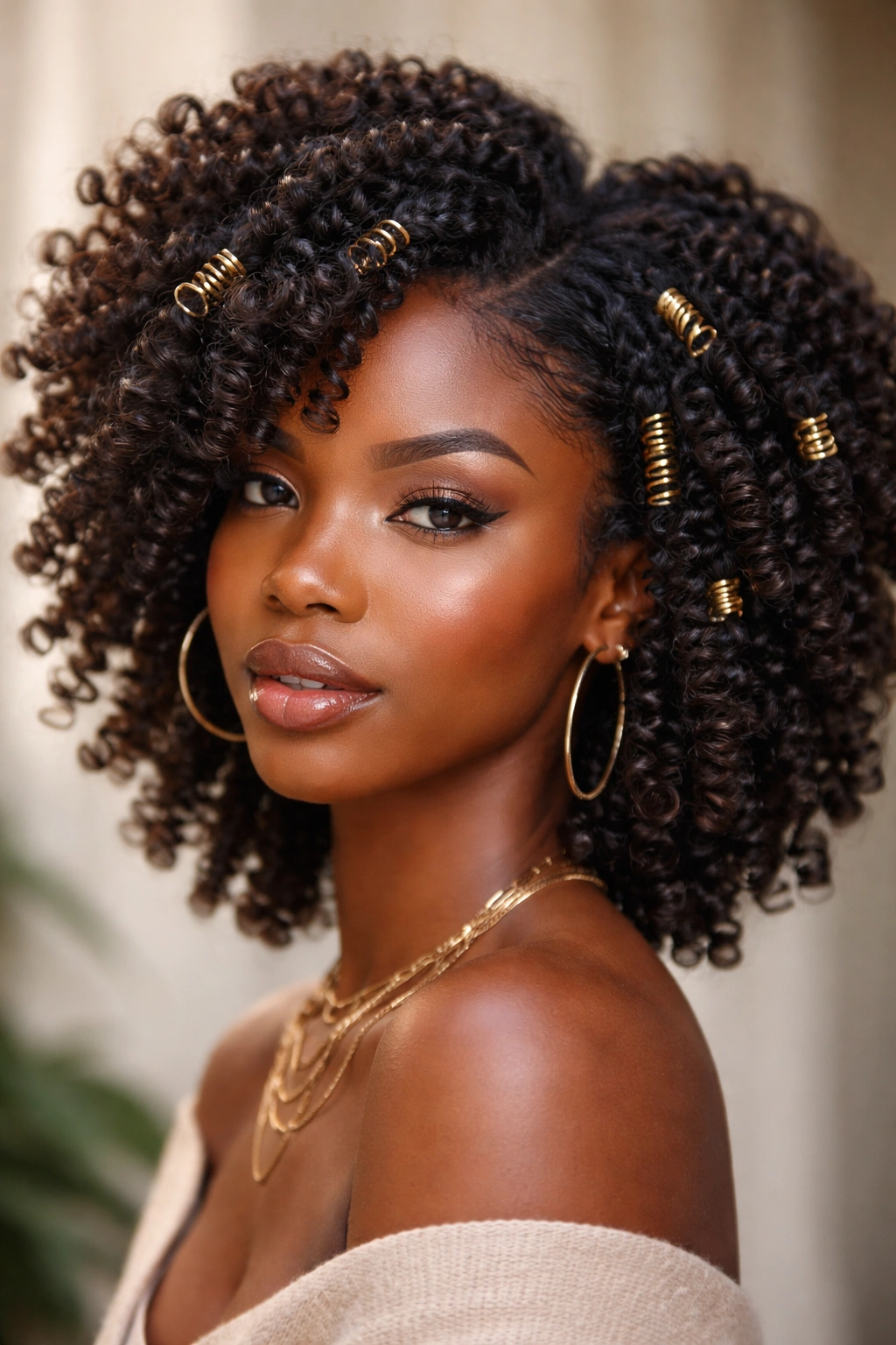 Coil-out or Bantu knot-out with decorative jewelry clips through curls