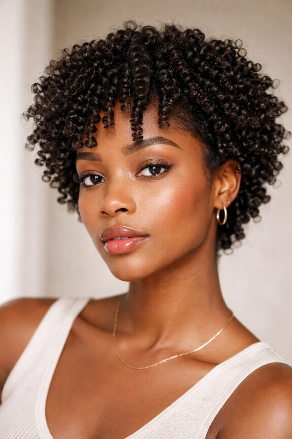 Close-up of short curly hair with defined coil-out curls