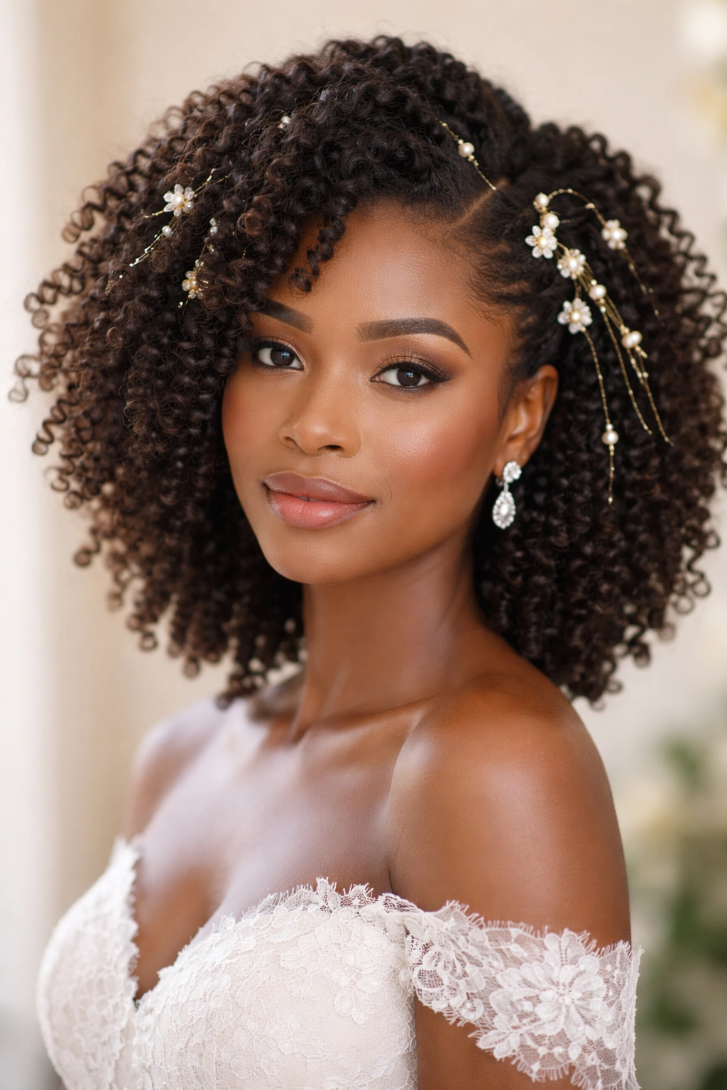 Coil-out hairstyle with hair jewelry woven through coils