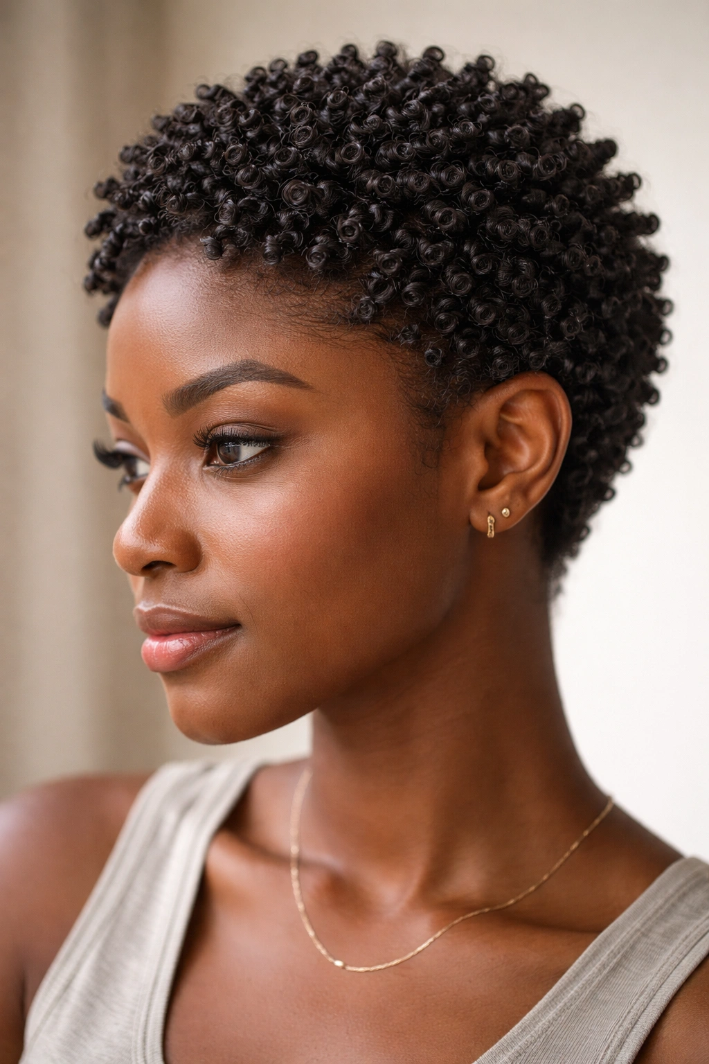Close-up of short 4C hair with clearly defined, separated coils from a coil-out technique