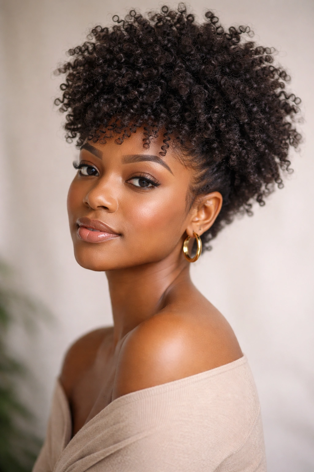 Defined coil-set with fluffy crown on short afro, close-up portrait highlighting coil texture and crown height
