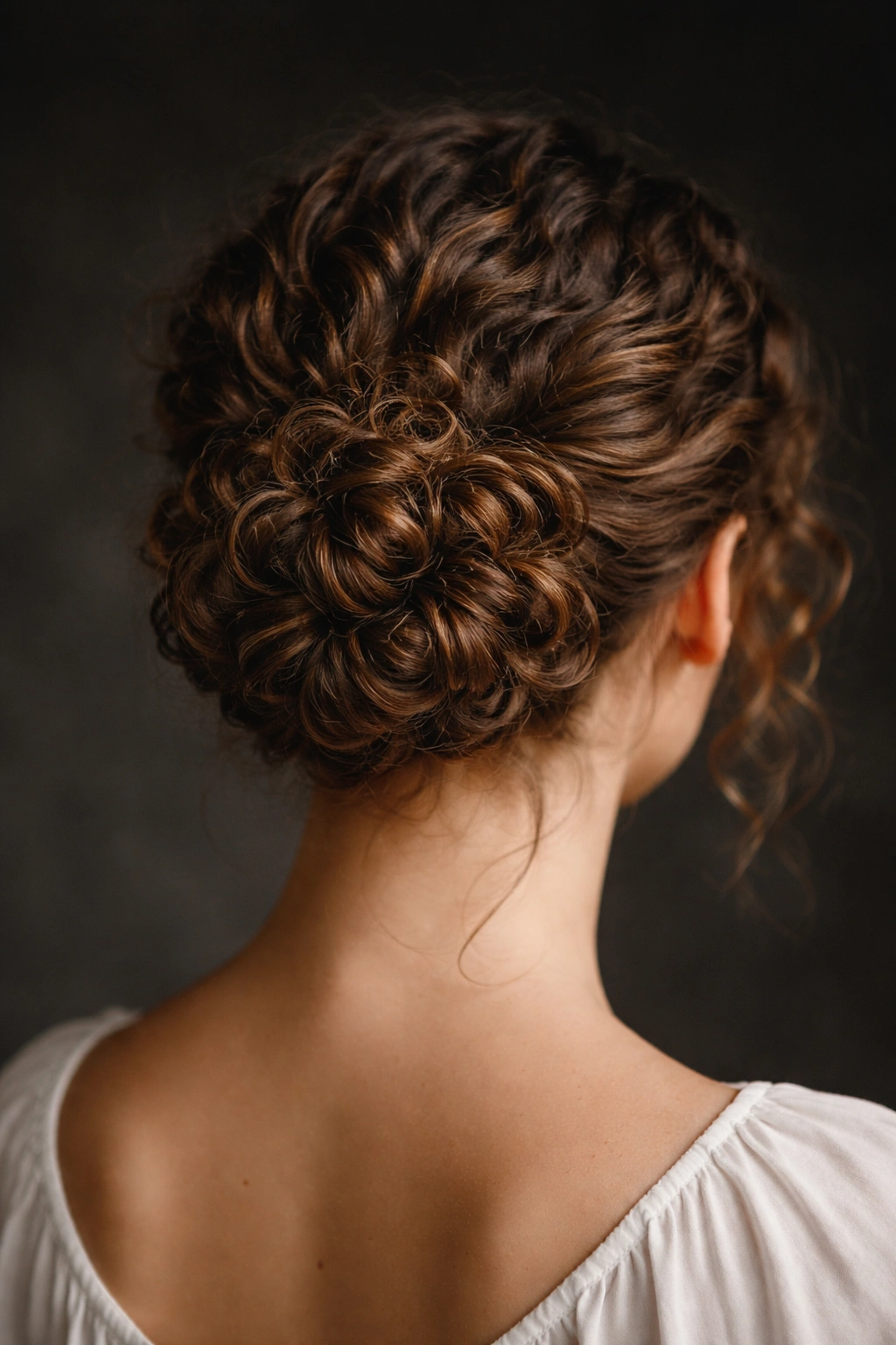 Coiled chignon at the nape formed from curl clusters