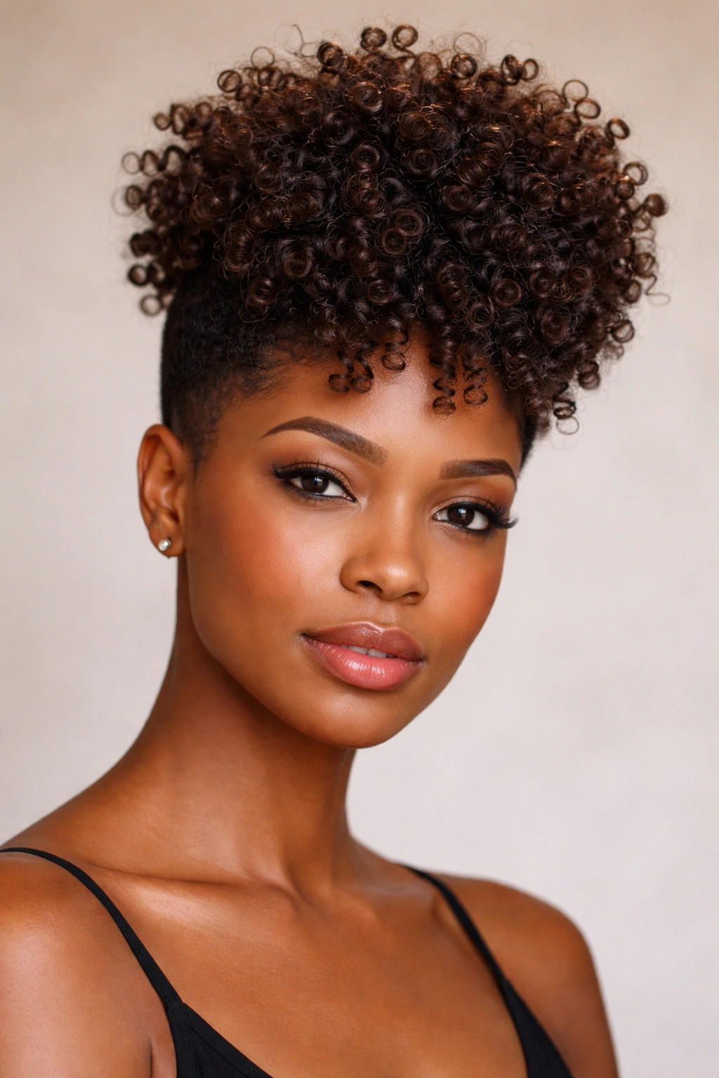 Curls piled into a crown on top with tapered sides