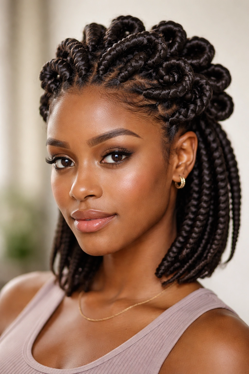 Decorative coiled twist loops along the scalp