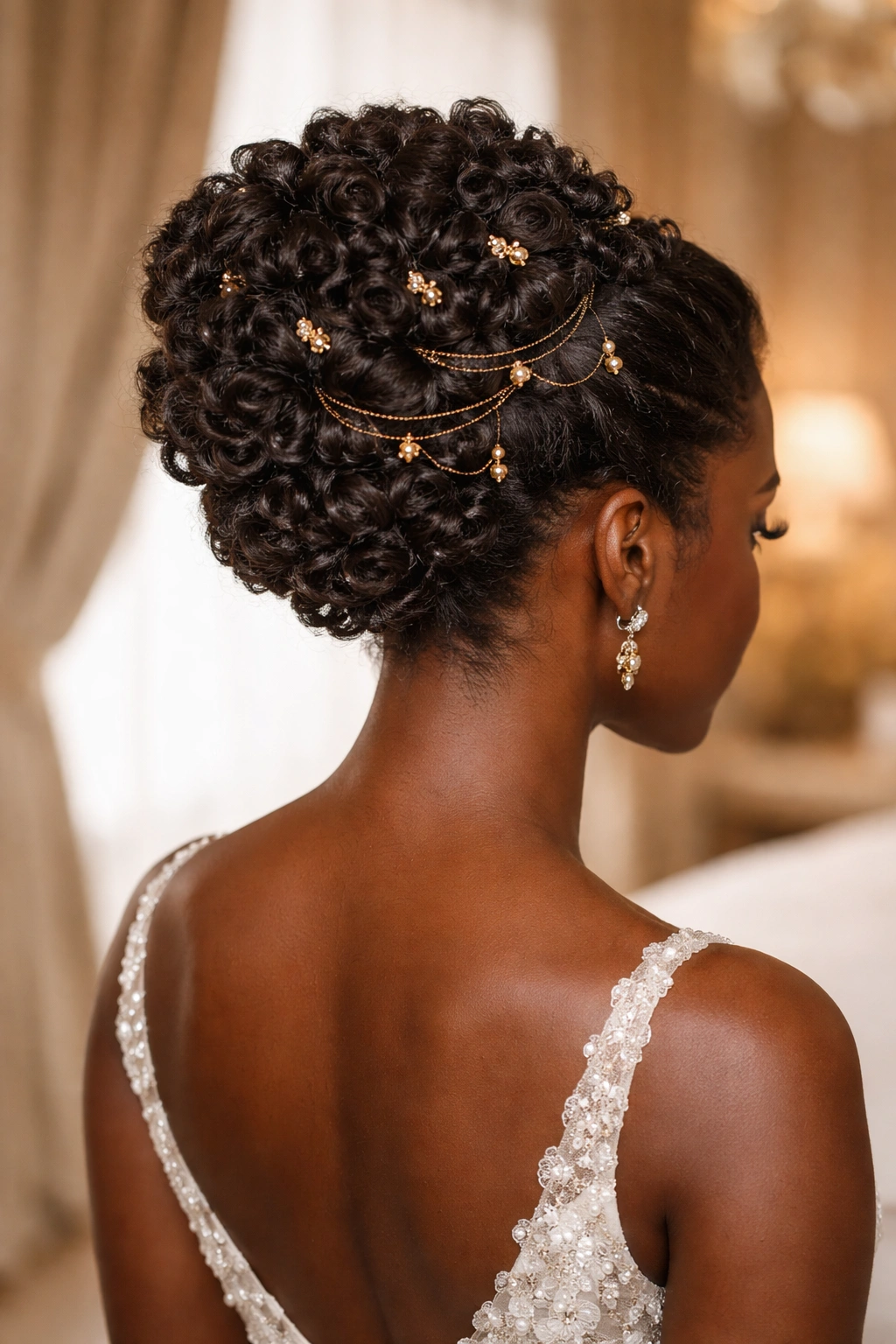 Coiled updo with gold accents in bridal portrait