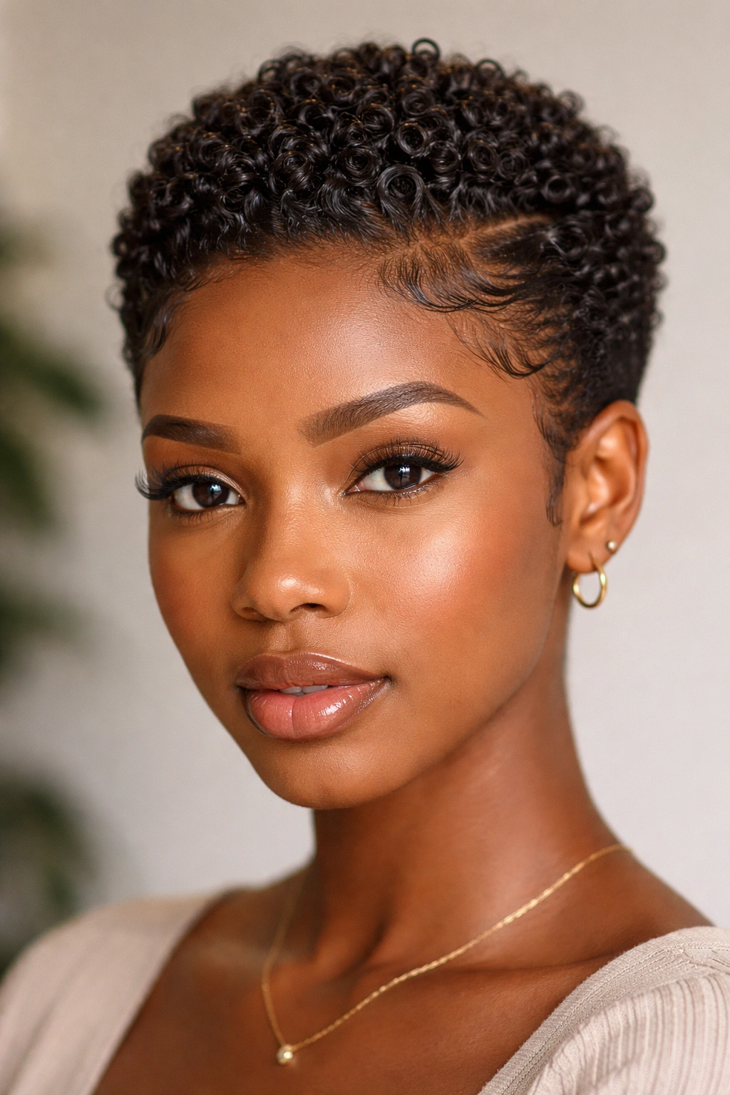 Tightly coiled hair with slicked baby hairs along the hairline for a polished look.