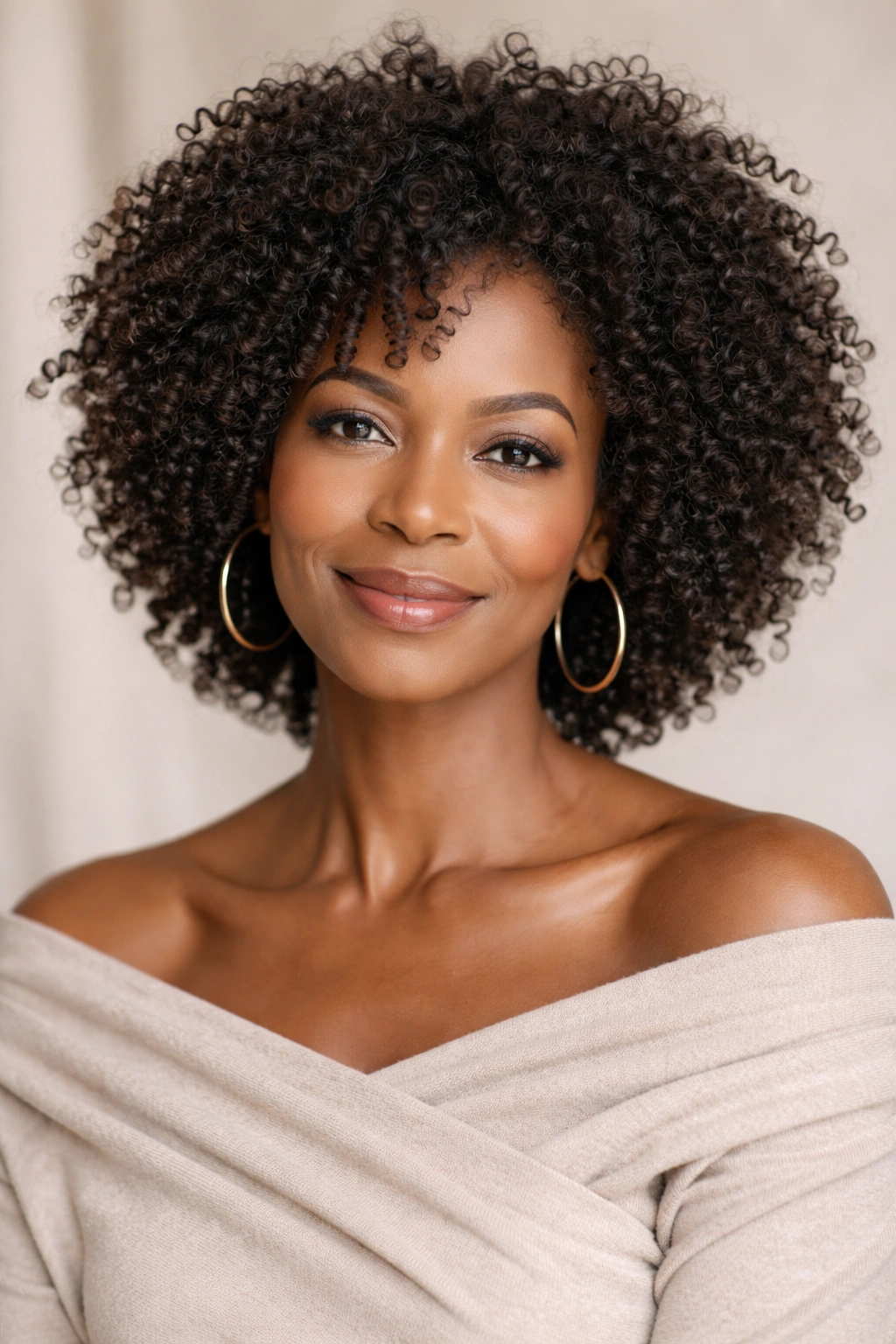 Mature woman with defined coils and curls, air-dried and natural in studio lighting