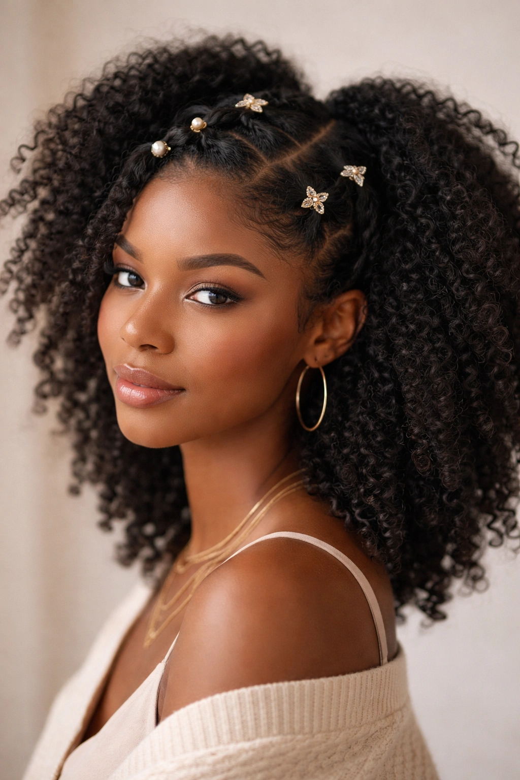 Coiled sections clipped with decorative clips on a model's hair