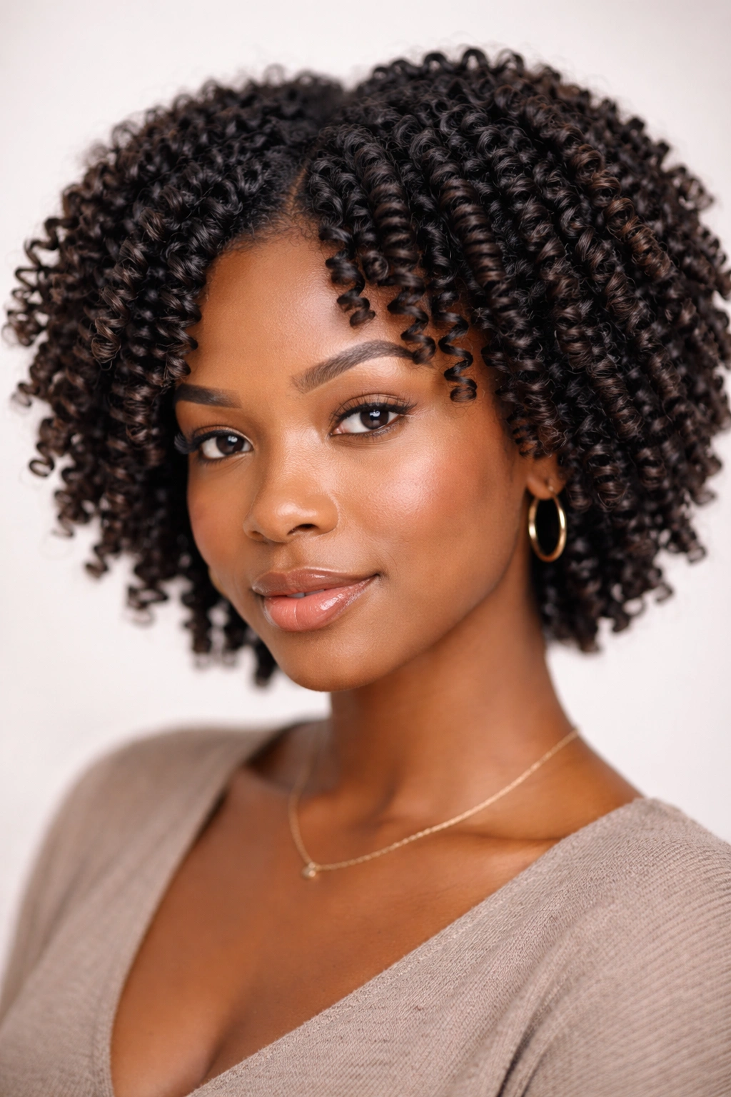 Close-up of coil curls formed into tight spiral ringlets on damp hair