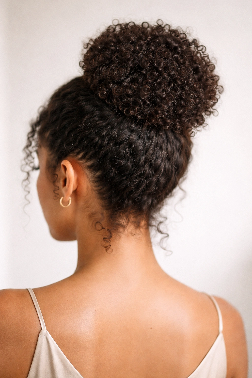Back view of a coily bun featuring gathered curls