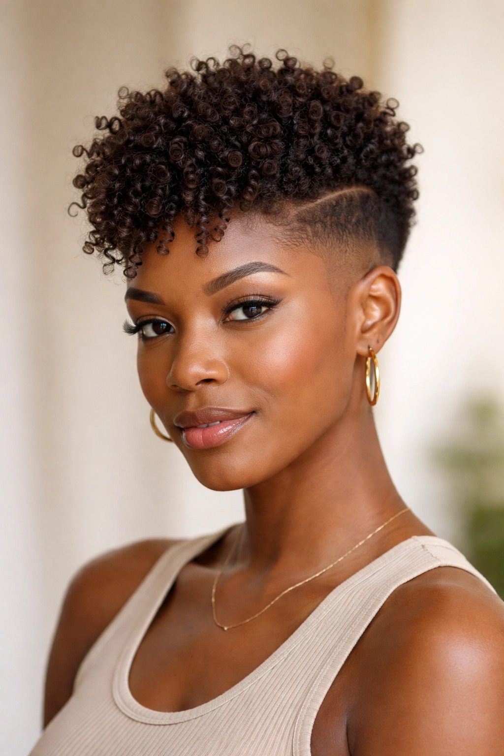 Portrait of a woman with a fade on the sides and a coily top showing coil texture.