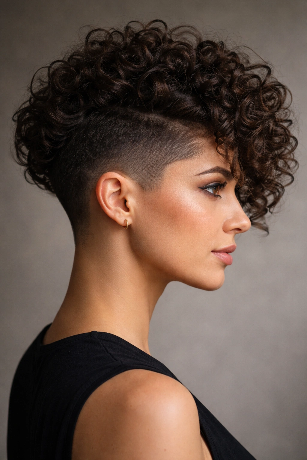 Profile view of coily undercut bob showing shaved sides and voluminous curls on top.