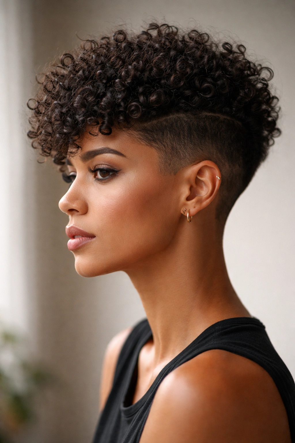 Profile view of a coily undercut pixie with shaved sides and a full top.