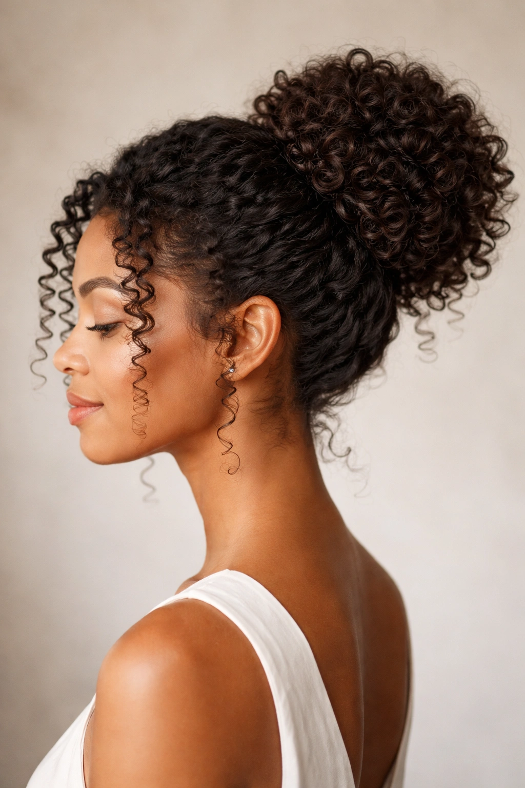 Coily textured updo bun showing defined curls and texture