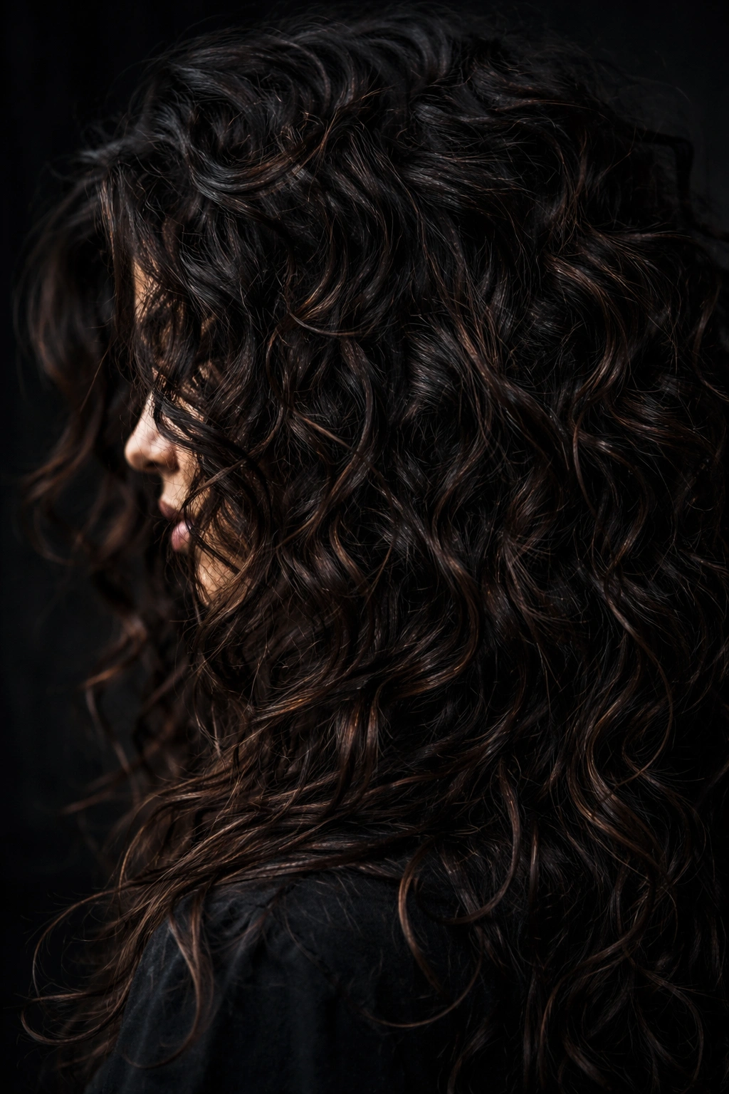 Close-up of dark brunette curls with rich depth and moody tones.