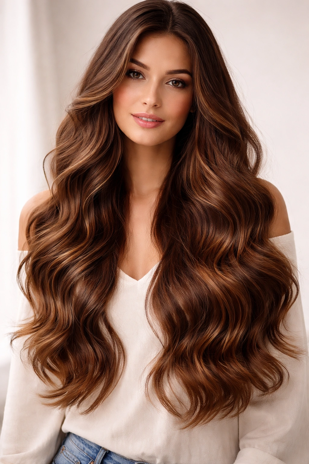 Long chestnut hair with subtle color melting in caramel tones and loose waves