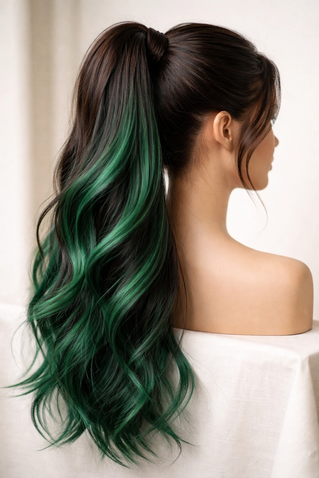 Emerald-green colored faux ponytail on mannequin head